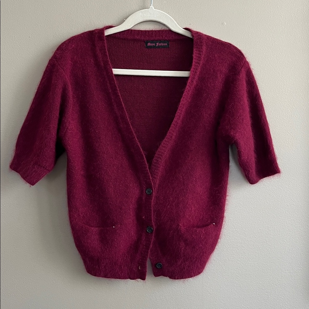 Maya Fashion burgandy short sleeve cardigan sweater size small estimate